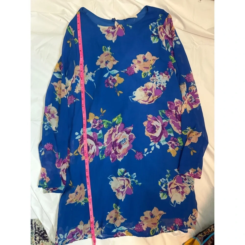 Everly‎ Blue Floral Long Sleeve Shift Dress Keyhole Back Size M